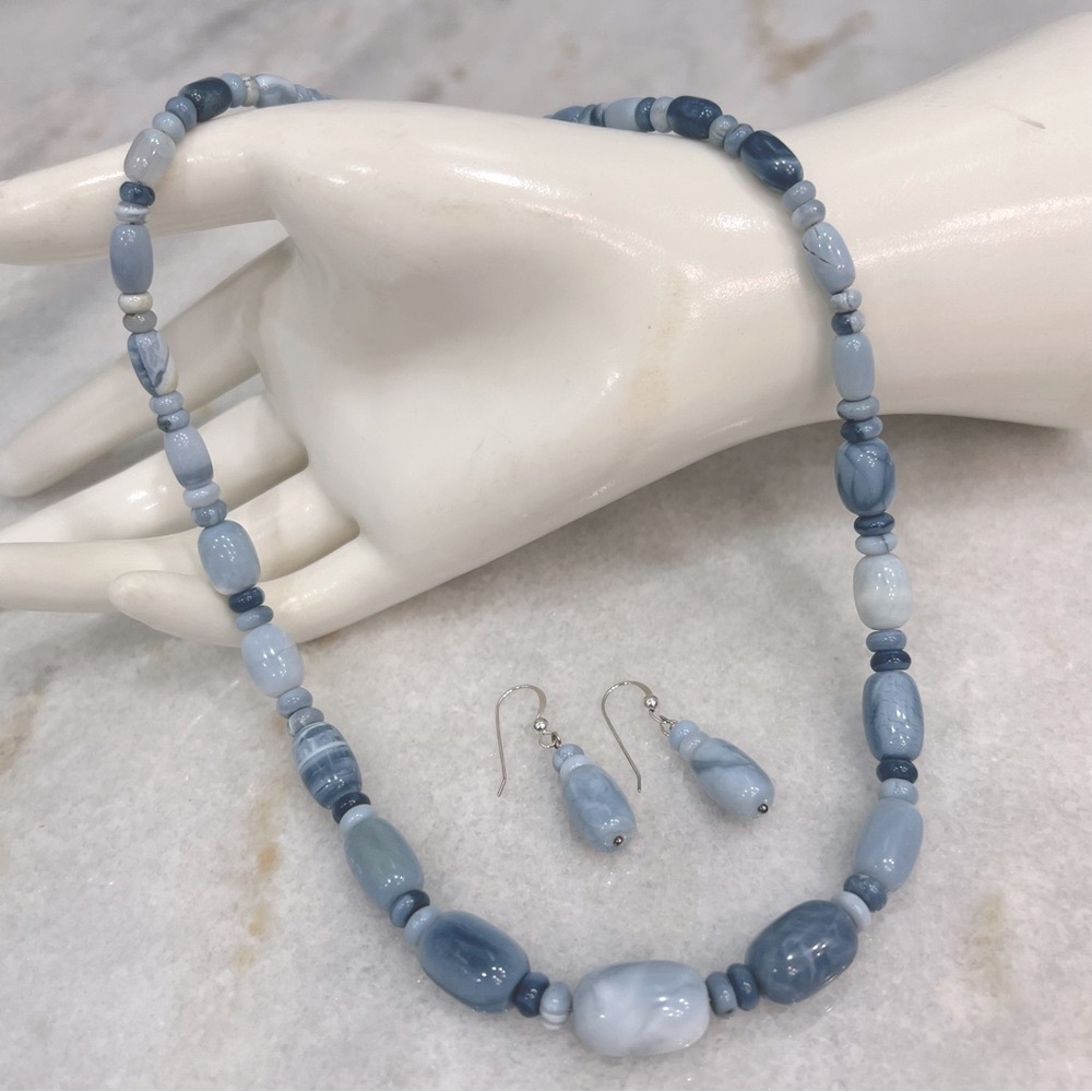 Sterling Silver Blue Opal Bead Necklace and Dangle Earrings Ensemble